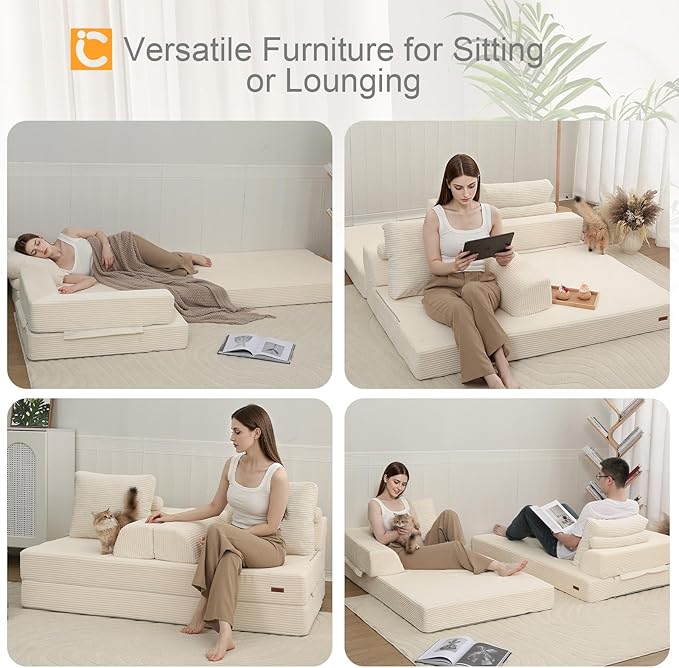 COMAX Convertible Sofa Bed Folding Floor Couch Corduroy Fold Out Couch Bed Futon Sleeper Mattress with Pillows Boneless Sofa Comfy Lounge Loveseat for Living Room Bedroom Beige