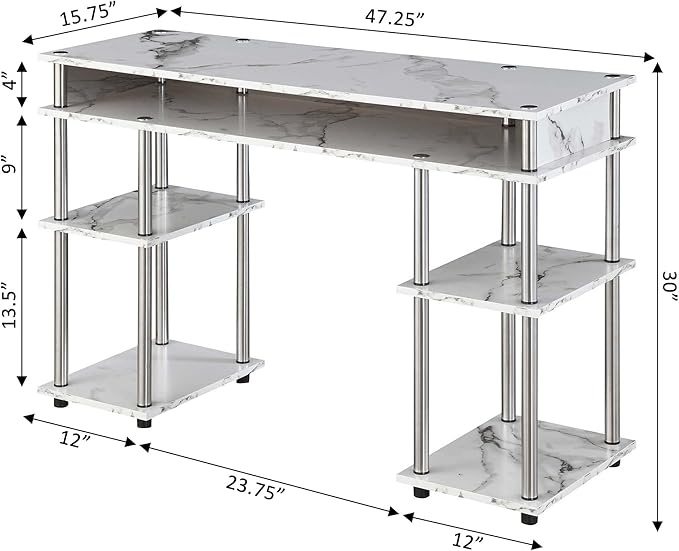 Convenience Concepts Designs2Go No Tools Desk Home Office Desk with Shelves Corner Shelf Vanity Desk Computer Desk Nail Table for Nail Tech - 47.25 L x 15.75 W x 30 H White Faux Marble