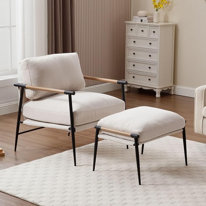 LukeAlon Mid-Century Chenille Accent Chair with Ottoman Soft Living Room Chair with Metal Legs Modern Upholstered Armchair Reading Nook Chair Lounge Leisure Chair with Footstool for Bedroom Beige