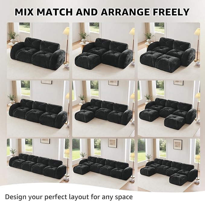 Black L-Shaped Sectional Couches for Living Room Velvet Fabric Boneless Couch No Assembly Cloud Modular Sectional Sofa with 1 Ottoman Foam Couch Compressed Sofa Set for Apartment Sofas para Sala