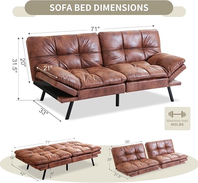 MUUEGM 71 Futon Couch Filled with Memory Foam Convertible Futon Sofa Bed with Adjustable Backrest Armrest Folding for Living Room Small Space Loveseat for Sleeper(Leather Brown)