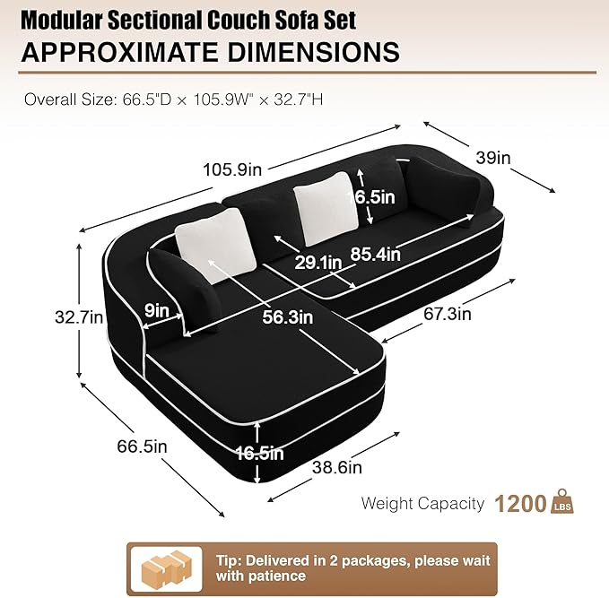 105.9 Modular Sectional Couch Sofa for Living RoomHigh Density Sponge Boneless Sofa with Left ChaiseL-Shaped Cloud Couch with Soft Teddy FabricNo Assembly RequiredBlack