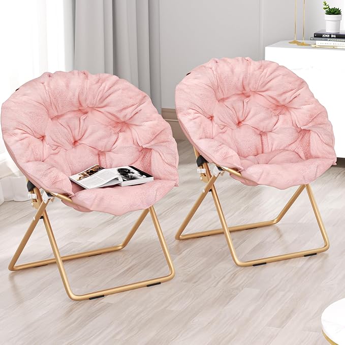 Foldable Oversized Moon Chairs Set of 2 Large Soft Lazy Cozy Comfortable Faux Fur Round Saucer Moon Chairs Set of 2 for Teens and Adults Light Pink