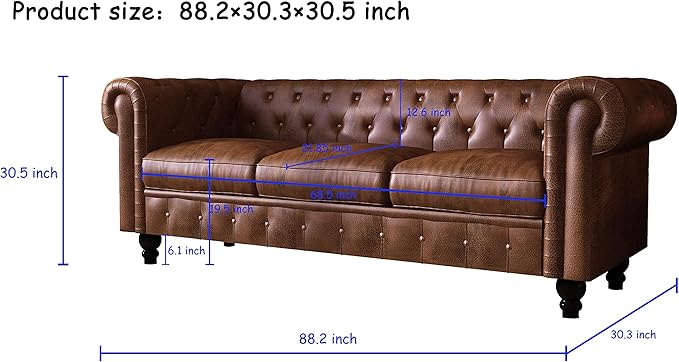 88.2 PU Leather Upholstered Chesterfield Couch Modern 3 Seater Sofa with Tufted Back and Square Arms Nailhead Sofa for Living Room/Office/Apartment/Small Space Black