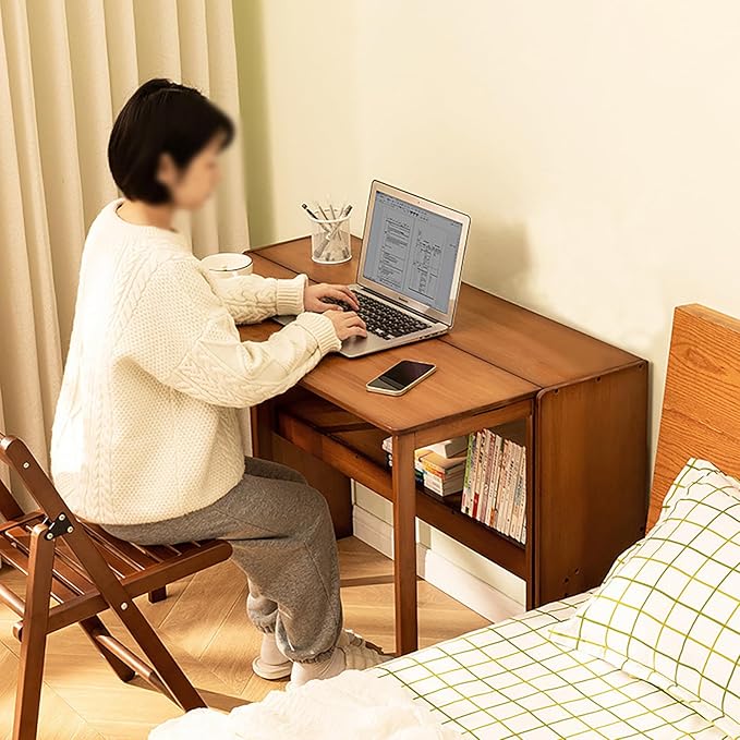 Bamboo Folding Desk Writing Computer Desk Wood Desk with Storage Shelf Foldable Computer Table Home Office Desk for Bedroom Living Room Dormitory Small Space (Brown)