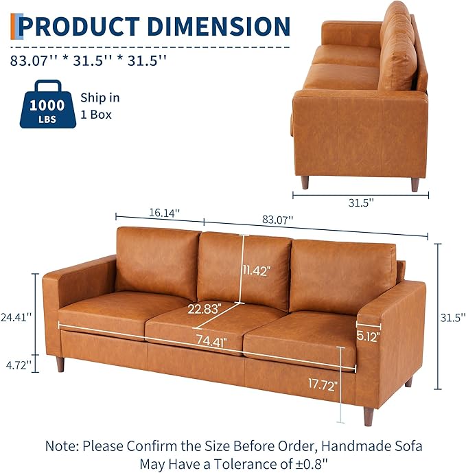 Garvee Brown Leather Sofa 83 in Mid-Century Modern Couch 3-Seater Sofa with Armrests and Comfy Cushions Pu Deep Seat Sofas for Living Room Bedroom Office