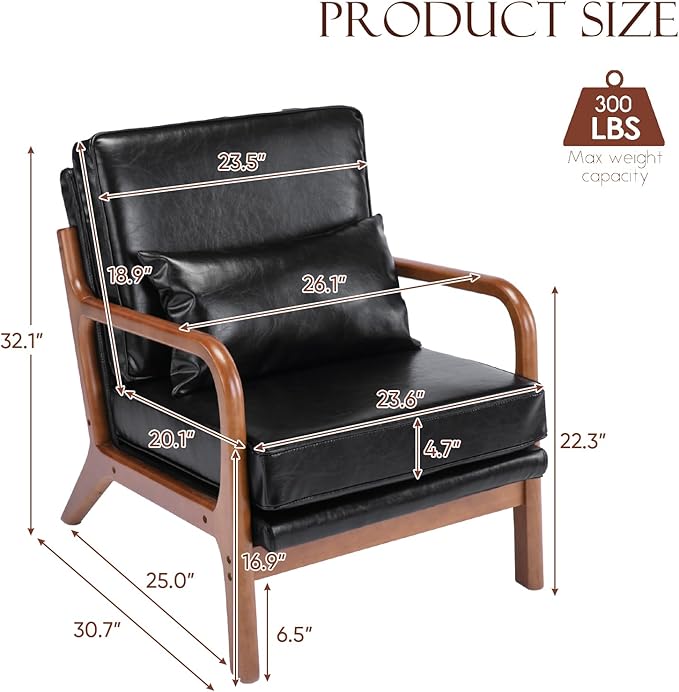 Mid Century Modern Accent Chair Comfy Armchair with Lumbar Pillow and Thick Cushion Lounge Chair with Solid Wood Frame Upholstered Side Arm Chair for Living Room Bedroom Office Black PU Leather