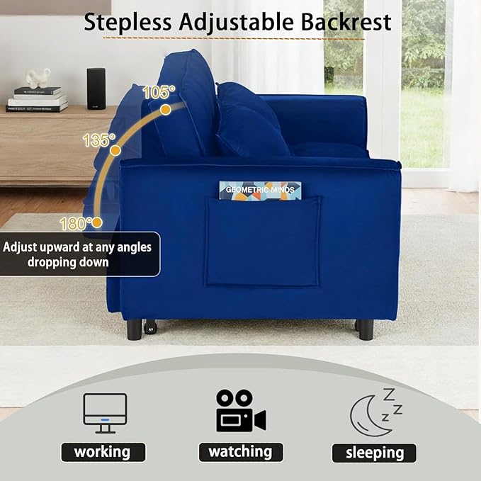3 in 1 Folding Convertible Sofa Bed 55'' Pull Out Couch Bed with Side Pocket Velvet Fabric Loveseat Sleeper Sofa with Adjustable Backrest Easy AssemblyPerfect for Living Room Blue