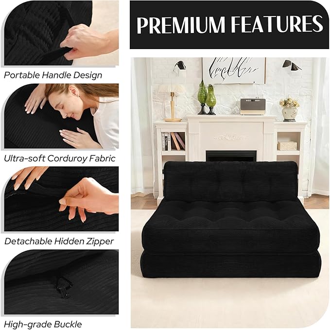 HABUTWAY Folding Sofa Bed Foldable Floor Sofa Lounge w/Dual-Pillow &amp Handle Convertible Sleeper Chair Bed w/Back Support for Living Room Bedroom Apartment Office Black Full