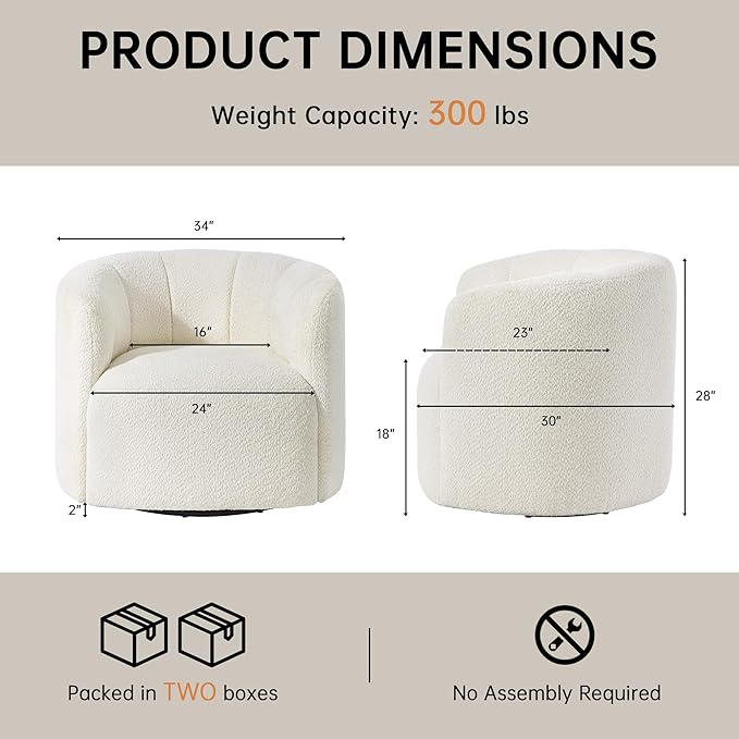 Swivel Accent Chair No Assembly Required Upholstered Boucle Fabric Barrel Chair for Living Room Set of 2 Beige