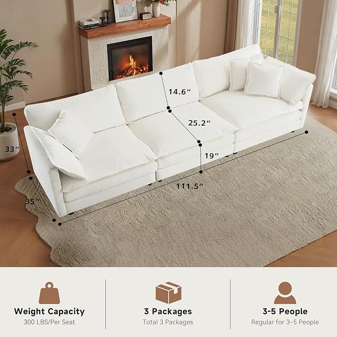 Modular Sectional Sofa with 3 Seat 111.5 Convertible Chenille Couch with 2 Armrest Pillows and 3 Throw Pillow for Living RoomOffice and ApartmentBeige