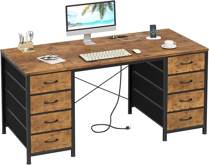 50 Inch Computer Desk with 8 Drawers Home Office Desk with Power Outlets Work Study Gaming Desk with 8 Fabric Drawers Rustic Brown