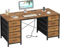 50 Inch Computer Desk with 8 Drawers Home Office Desk with Power Outlets Work Study Gaming Desk with 8 Fabric Drawers Rustic Brown