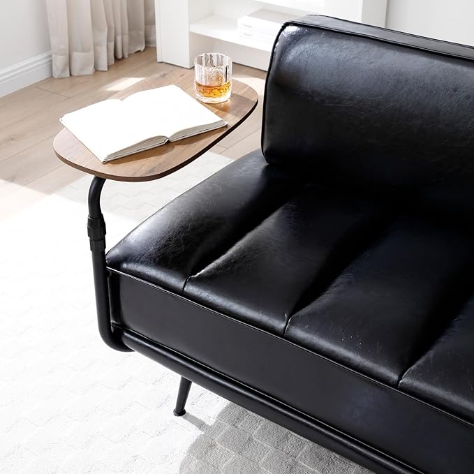 Upholstered Leather loveseat Sofa 55 Modern Bedroom Bench Window Bench with 360-degree Swivel Tray Small Couch for Living Room Bedroom Hallway Dark Black
