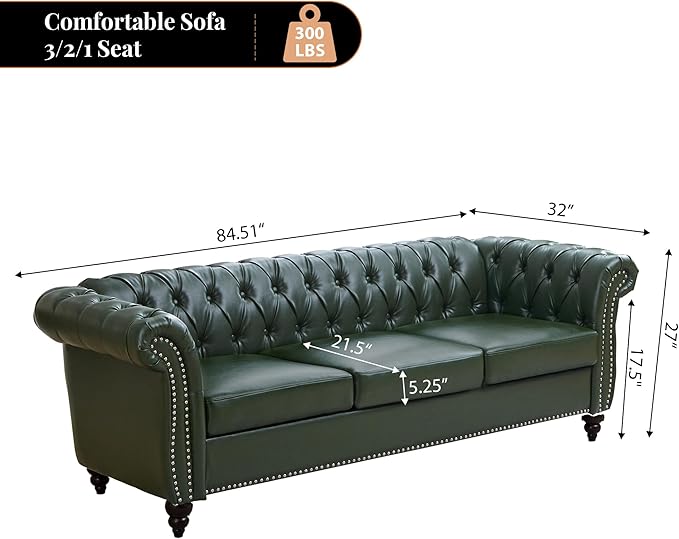 LEVNARY Chesterfield Sofa 3 Seater Tufted Couch for Living Room Classic Button Tufted Upholstered Sofa Modern Mid-Century PU Leather Sofa (Green)