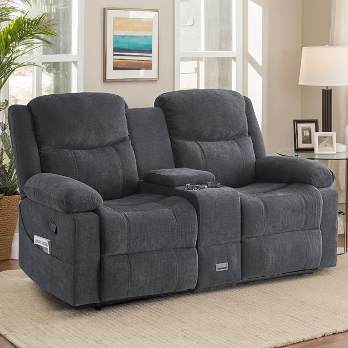 Loveseat Recliner Sofa with Massage &amp Heating Reclining Loveseat with Console RV Wall Hugger Double Loveseat Recliner Couch for Living Room &amp Home Theater (Chenille-Grey)