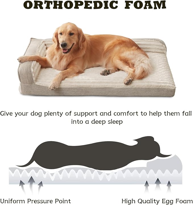 WINDRACING Orthopedic Dog Beds for Medium Dogs Waterproof Egg Foam Dog Sofa Bed with L Bolster Sides Washable Medium Pet Bed with Removable Cover &amp Non-Slip Bottom 31 x 25 inch Beige