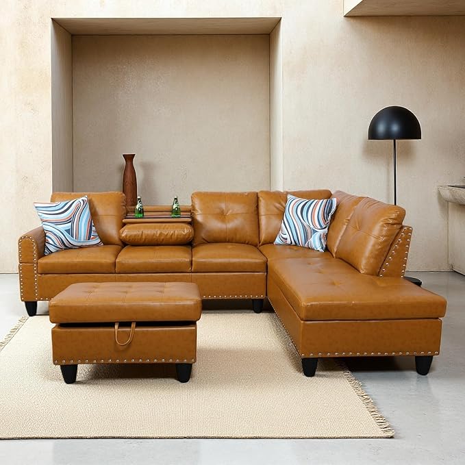 Sectional Couches for Living Room Convertible 4 Seat Modular Sectional Sofa Set for Living Room L Shaped Couch or U Shaped Couch with Storage Ottoman for Apartment Orange