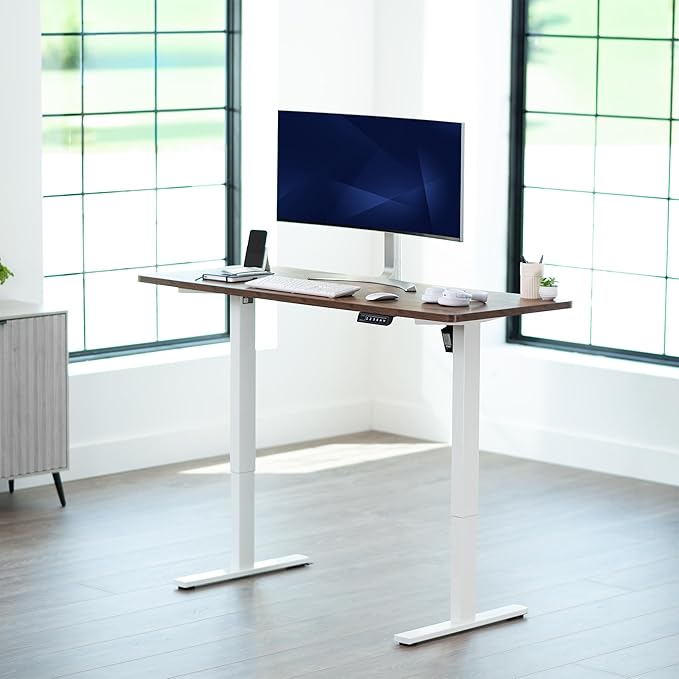 VIVO Electric 60 x 24 in Rustic Standing Desk Memory Height Adjustment 1B Series Holds 220 lbs One-Piece Vintage Brown Top White Frame DESK-KIT-1W6N