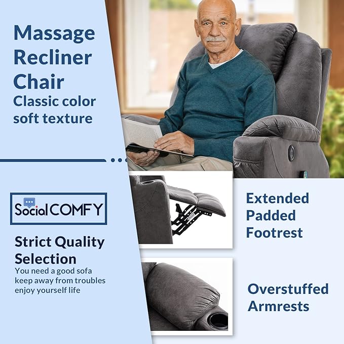 Swivel Glider Rocker Recliner Chair with Heated Massage Ergonomic Lounge 360 Degree Manual Swivel Sofa Seat with 2 Cup Holders Side Pockets &amp USB Ports for Living Room (Gray)