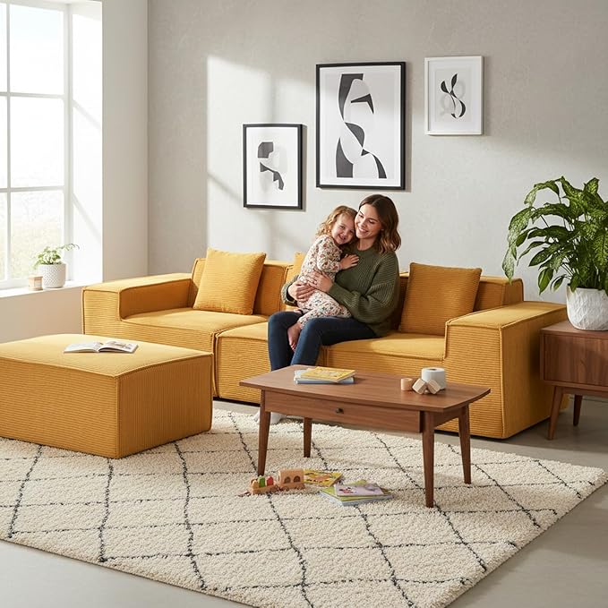 Harper Convertible Corduroy Sectional Couch with Ottoman &amp Pillows Modular L Shaped Sleeper Sofa Boneless Cloud Couch for Living Room Furniture Ginger Yellow