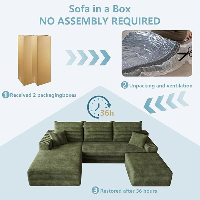 95 Cloud Sectional Couch with OttomanModern U-Shaped Cloud Couch with Deep SeatComfy Corduroy 3-Seater SofaMemory Foam Sofa for Living RoomNo Assembly (GreenLeft-Facing Chaise)