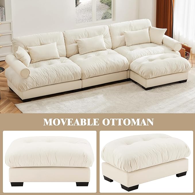 Oversized Modular Velvet Sectional Cloud Sofa Couch with Movable OttomanCorner Sofa with Comfortable Armrests Deep Seat Convertible L or U Shaped Couch (Beige 2 Seat +2 Ottoman)