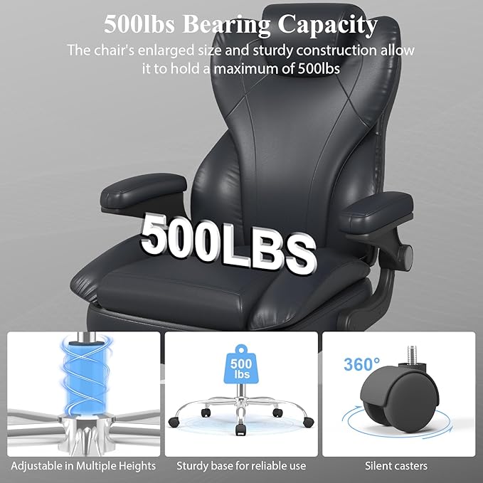 Office Desk Chair Executive Leather Office Chair High Back Ergonomic Home Desk Chair with Padded Flip-up Arms Big and Tall Computer Chair with Rocking Function 360°Swivel Free Black
