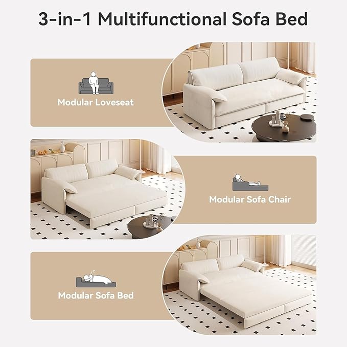 healthomse 66 Queen Size Sleeper Sofa Bed 3-in-1 Convertible Pull Out Sofa Bed with Side Storage Modern Velvet Loveseat for Living Room Bedroom Apartment Office Lounge (Beige 66inch)