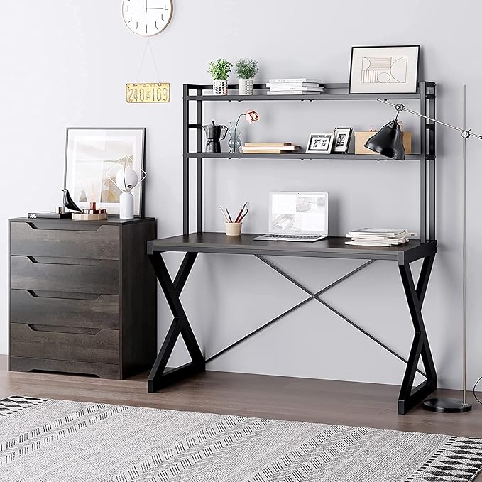 47 Industrial Desk with Shelves Study Writing Ladder Desk with Bookshelf Computer Desk with Hutch PC Workstation Gaming Table for Home Office Metal Frame Brown