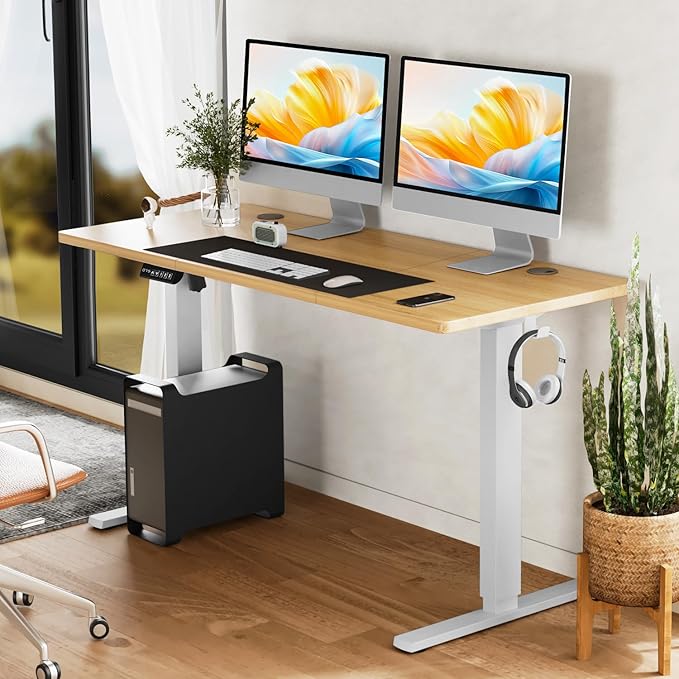 Electric Standing Desk Adjustable Height 63 x 24 Inch Sit and Stand Desk with 2 Hooks and Wire HolesHome Office Desk Ergonomic Workstation Computer DeskYellow