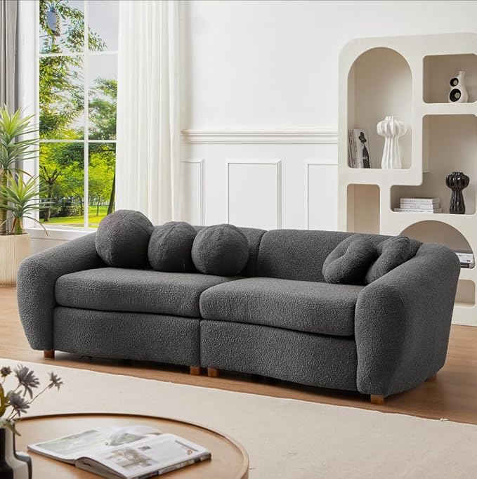 87.7 Modern Curved Sofa Back Upholstered Couch with 5 Decorative Throw Pillows Teddy Fabric Couch for Living Room Office Apartment Gray