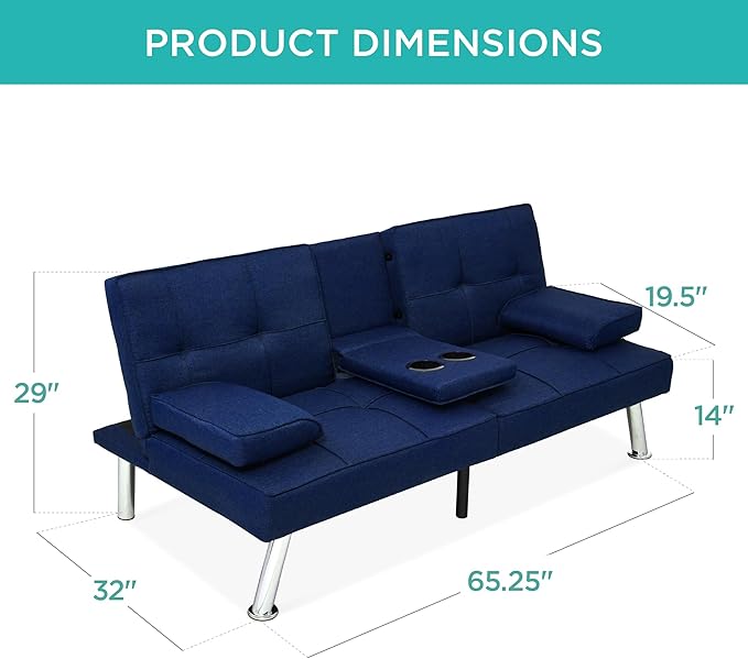 Best Choice Products Linen Modern Folding Futon Reclining Sofa Bed for Apartment Dorm w/Removable Armrests 2 Cupholders - Dark Blue