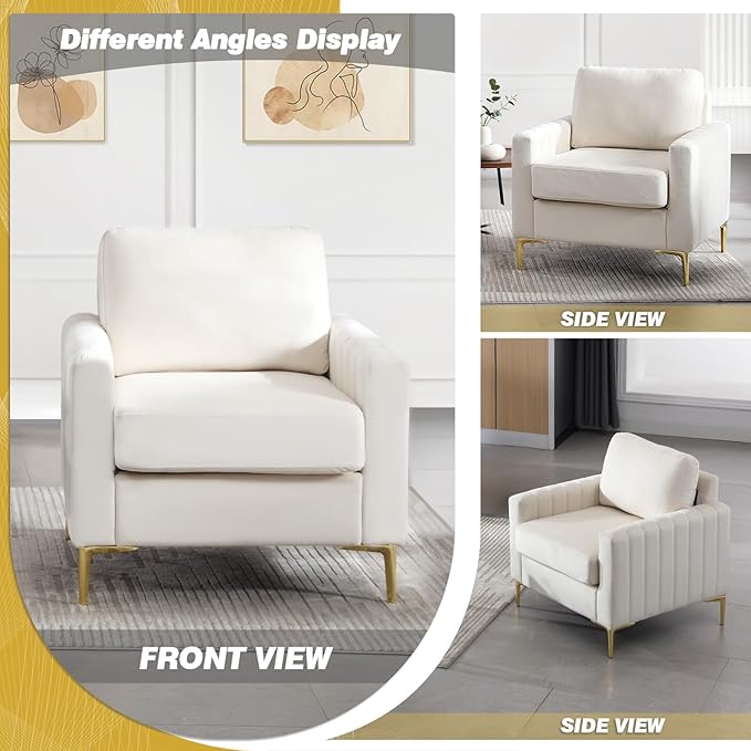 Modern Velvet Accent Chair Comfy Living Room Armchair with Thick Cushion Upholstered Reading Armchair Mid Century Sofa Chair with Gold Legs Side Chair for Living Room Bedroom Office Club Beige
