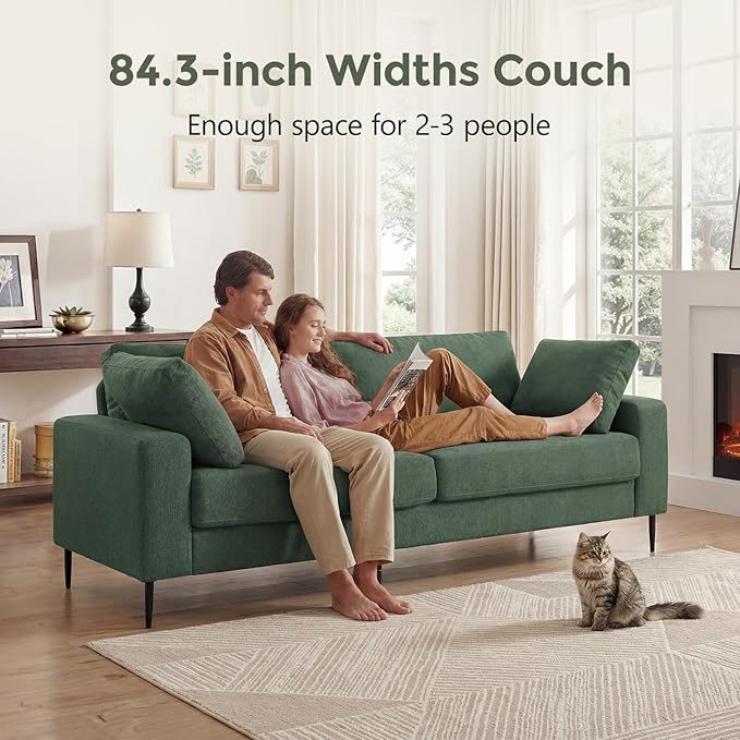 84.3 Modern Loveseat Sofa Comfy Couches with Spring Cushion Solid with Wood Frame 2 Pillows Included Mid Century Modern Design Home Sofa for Living Room Light Green