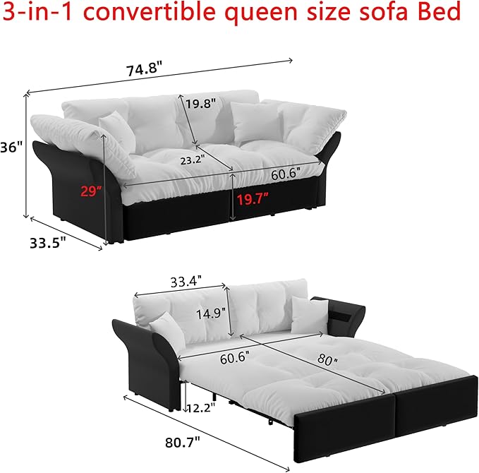 74.8 Queen Velvet Pull Out Sofa Bed 3-in-1 Convertible Sleeper Tufted Couch with 2 Soft Pillows Multi-Functional Folding Loveseat Bed Green