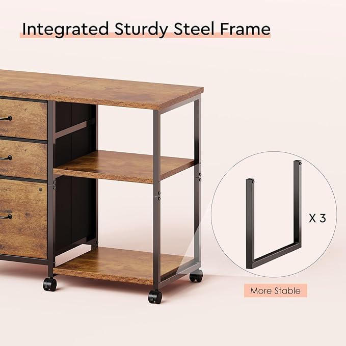 3 Drawer File Cabinet with Wheels Rolling Printer Stand with Open Storage Shelf Fabric Lateral Filing Cabinet for Home OfficeRustic Brown2
