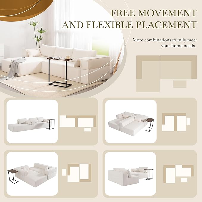 112 Modular Sectional Cloud Couch with Left Facing ChaiseBoneless Compressed Sofa Couch SectionalBoucle FabricIncludes Side Table and PillowsNo Assembly NeededWhite