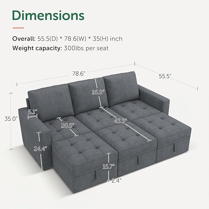 HONBAY Modular Sectional Couch Sleeper Sofa Bed with Storage Seats Oversized Sectional Couches for Living RoomBluish Grey