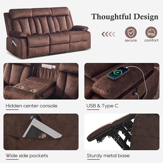 Power Reclining Sofa with Heat&ampMassage Reclining Couch with Multi-Function Console/USB Ports/Type C Wall Hugger 3 Seater-Sofa Recliner Reclining Sofa Couch for Living Room