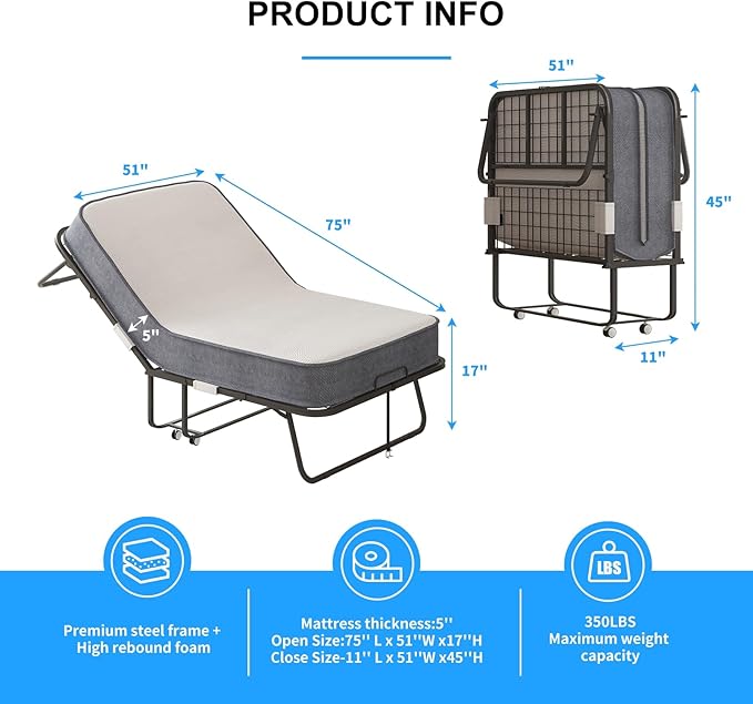 PUREMIND Folding Bed with Mattress for Adults Portable Rollaway Guest Beds with 5 Memory Foam Mattress &amp Metal Frame Twin Size Foldable Beds Fold Away Bed Space Saving