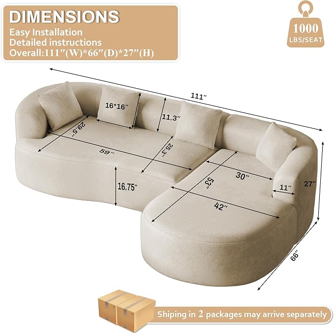 Oversized Sectional Sofa with Right Chaise for Living Room 111 Modern Curved L Shape Cloud Couch with Extra Deep Seat Modern Luxury Chenille 4 Seater No Assembly Required Light Brown