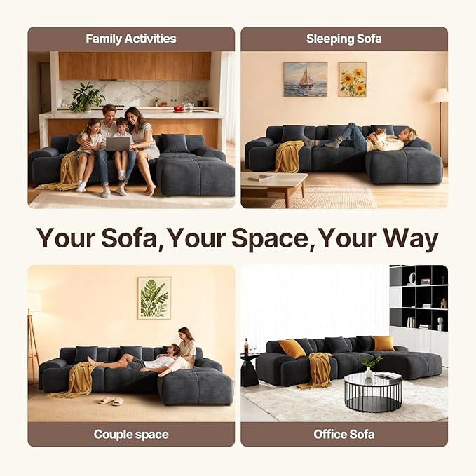 113 Modern L-Shaped Modular Sectional Sofa for Living Room Corduroy Upholstery Gray 3-Seater Cloud Couchand Movable Ottoman – No Assembly Dark Gray