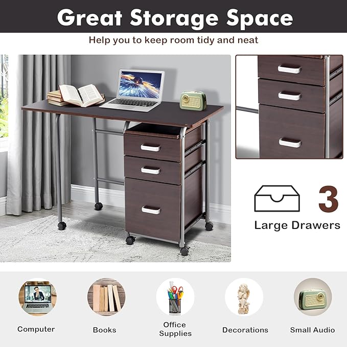 Foldable Computer Laptop Desk w/ 3 Drawers Wheeled Laptop Desk with Metal Frame Space Saving Folding Desk with Rolling Wheels for Home Office Small Space (Brown)
