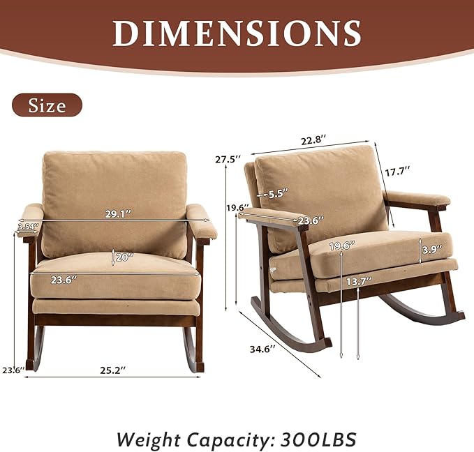 Rocking Chair for Nursery Living Room &amp Bedroom Upholstered Accent Chair with Solid Rubberwood Frame Cozy Reading Chair for Small Spaces (Khaki)