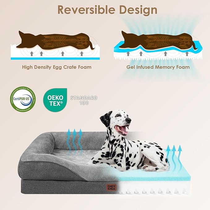 EHEYCIGA Orthopedic Dog Bed for Medium Dog 35x22x6.5 Inch Memory Foam Dog Couch Bed with Sides Waterproof Liner &amp Washable Removable Cover Bolster Pet Sofa Grey