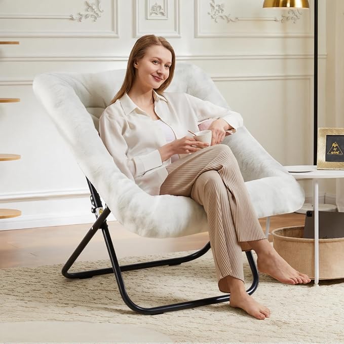 DUMOS Comfy Chair for Adults Soft Faux Fur Folding Lounge for Bedroom Living Room Dorm Rooms Flexible Reading Chair for Teens Large Size Foldable (Square-Creamy)