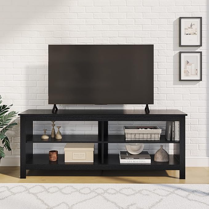 Panana Modern TV Stand with 4 Open Shelves 55inch Entertainment Center for TVs up to 65inch Medial TV Console Table Cabinet for Living Room (Black)