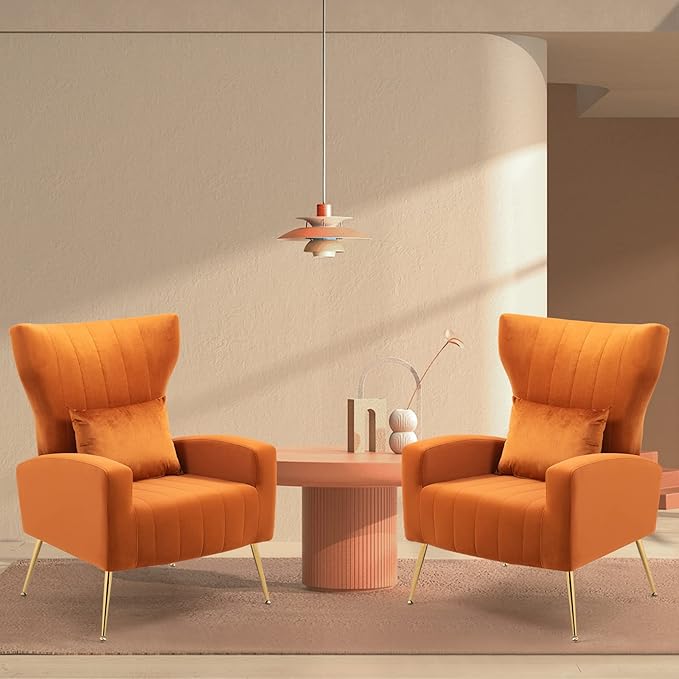 X-VOLSPORT Velvet Accent Chair Mid Century Modern High Back Living Room Chair with Waist Pillow Upholstered Arm Chair with Metal Gold Legs for Bedroom Club Orange