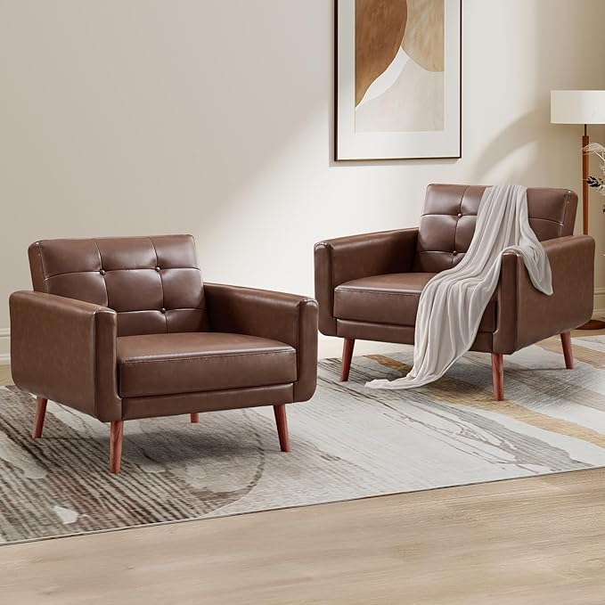 CANMOV 29 W Oversized Leather Accent Chair Set of 2 Mid Century Modern Accent Chairs Armchair Button Back for Living Room Modern Upholstered Bedroom Chair Cozy Armchair with Wood Legs Brown